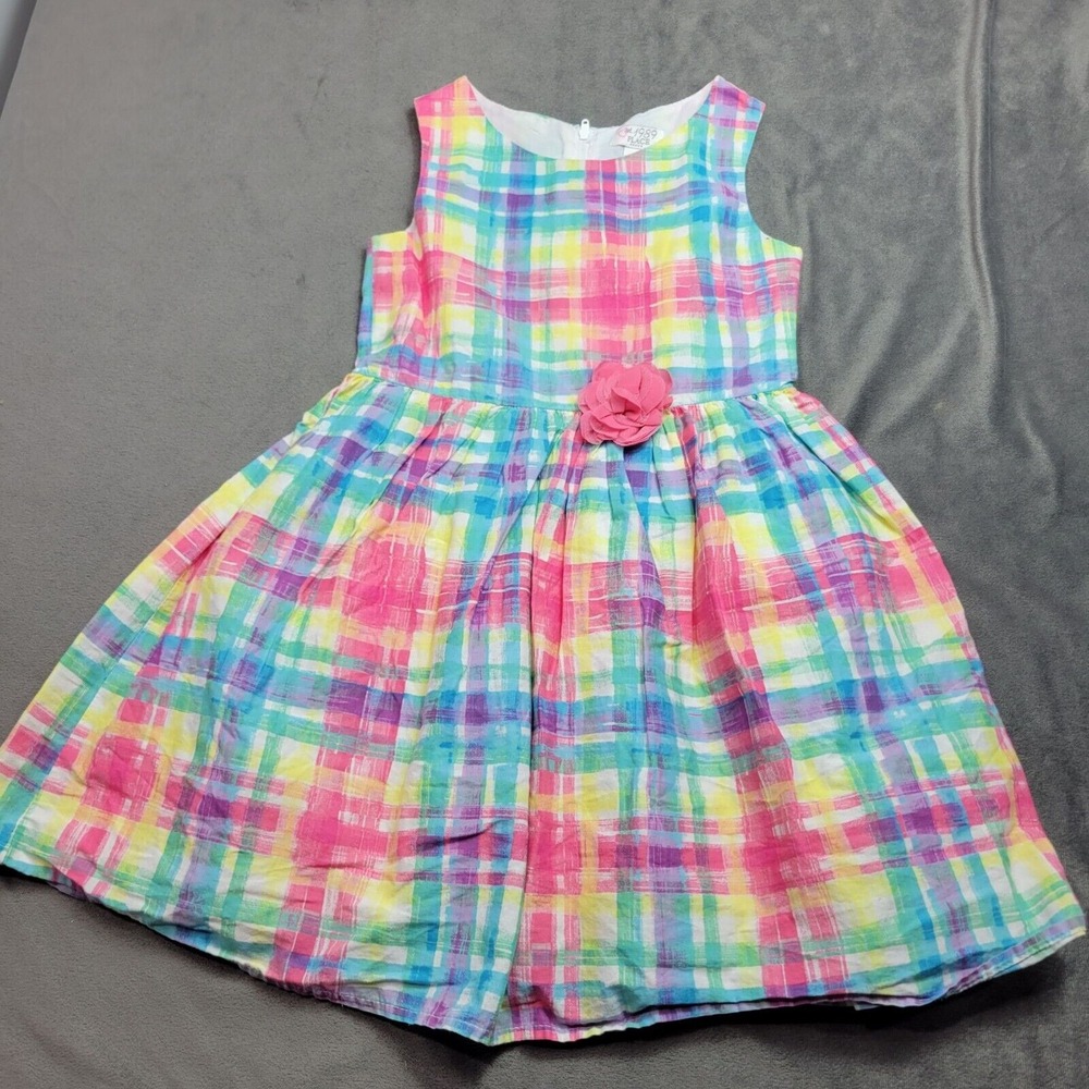 Colorful Girls Sleeveless Plaid Dress With Pink Flower Accent Size 6 1989 Place